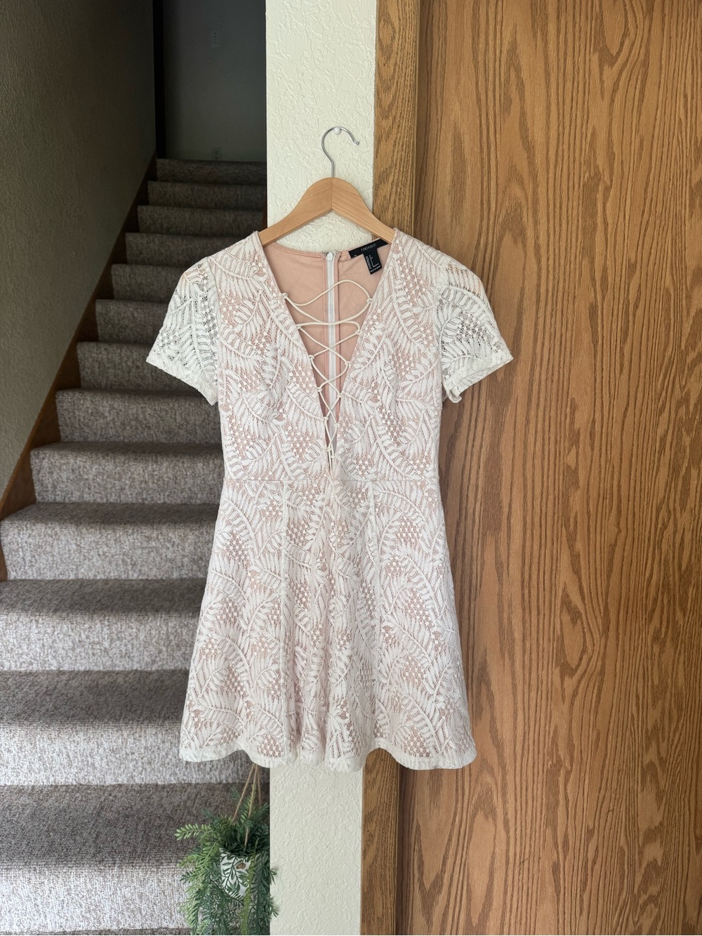 Cream Lace Mini Dress with pink leaf pattern - Small